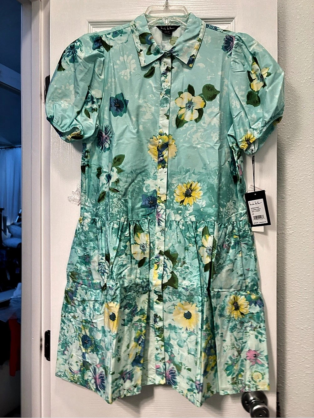 Nicole Miller Puff Sleeve Shirtdress Floral Mini Dress Green & Blue Size 12